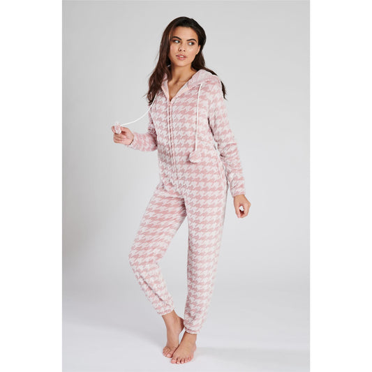 Loungeable Houndstooth Fleece Onesie - Pink
