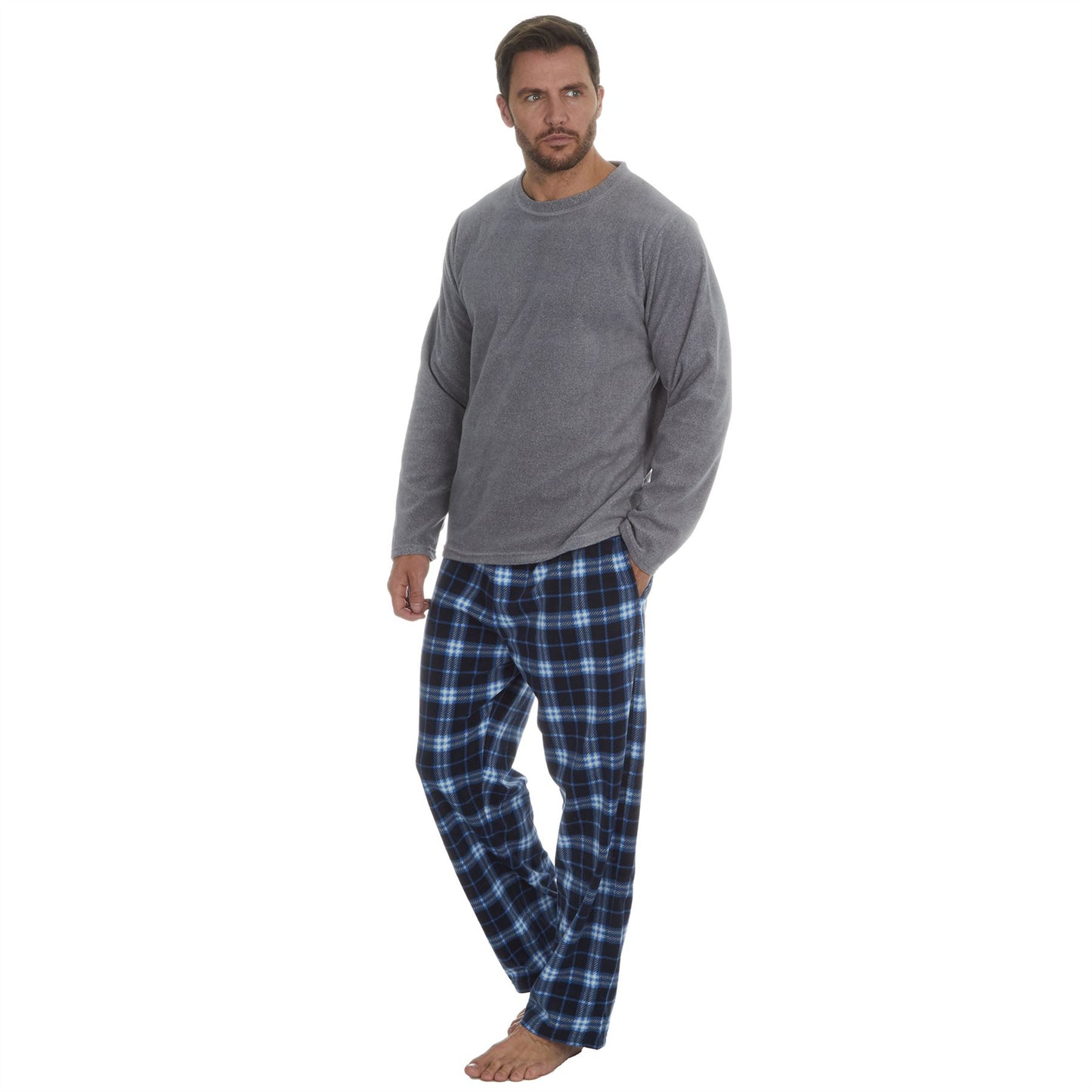 Cargo Bay Mens Fleece Pyjamas - Grey Marl/Blue Check