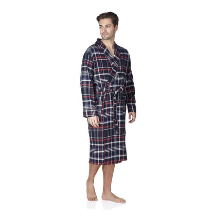 Haigman Mens Brushed Cotton Robe - Navy/Red Check Haigman