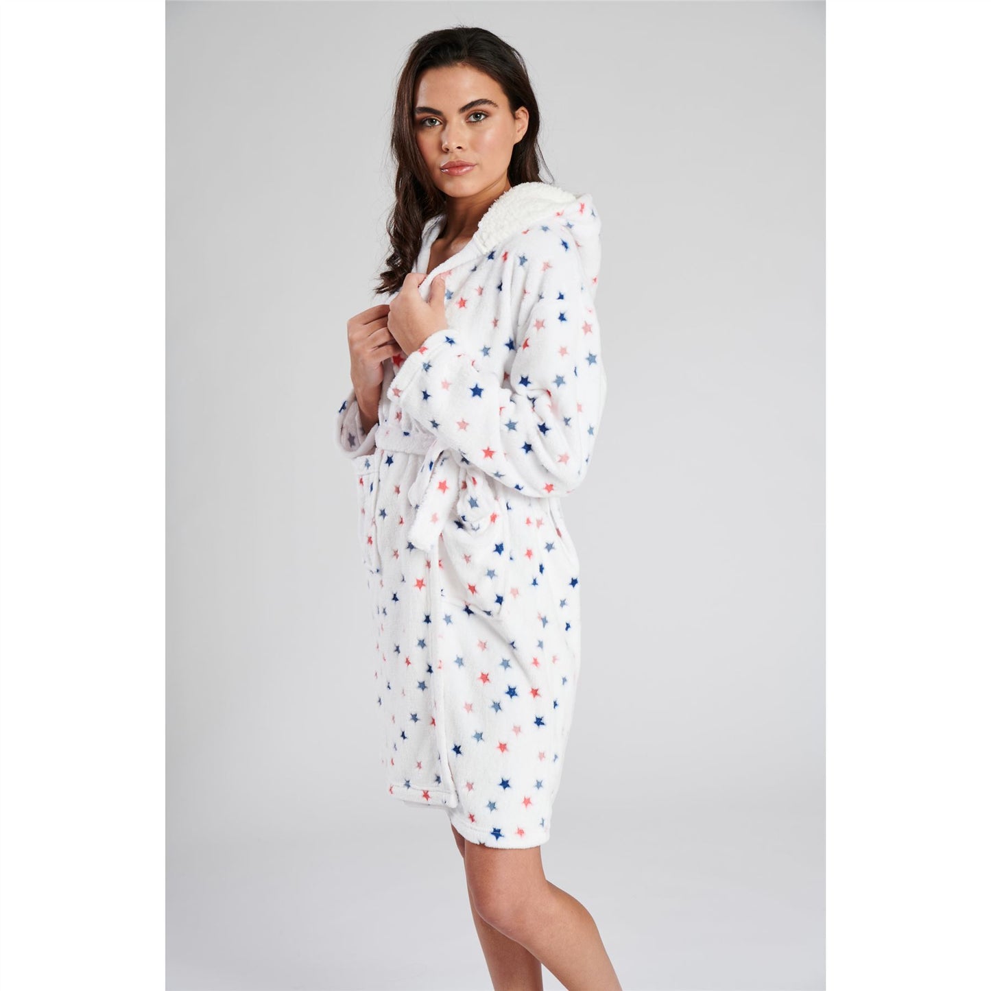 Loungeable Womens Star Embossed Fleece Hooded Robe - White/Multi