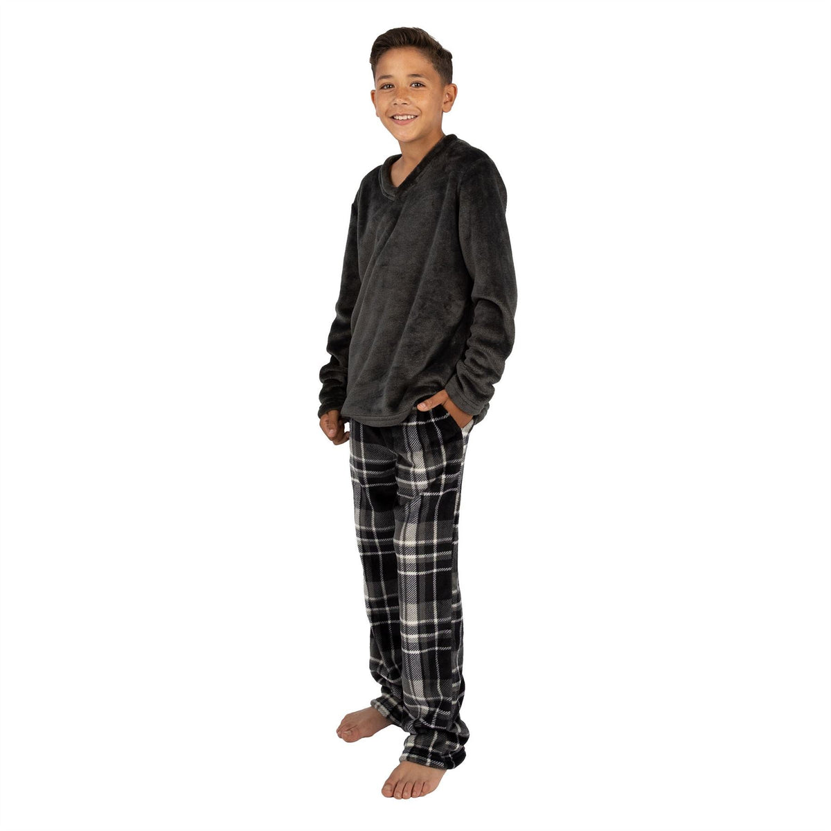 Cargo Bay Kids Fleece Pyjamas - Charcoal Check Cargo Bay