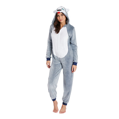 Loungeable Womens Husky Dog Fleece Onesie - Blue/Grey