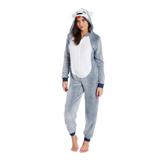 Loungeable Womens Husky Dog Fleece Onesie - Blue/Grey
