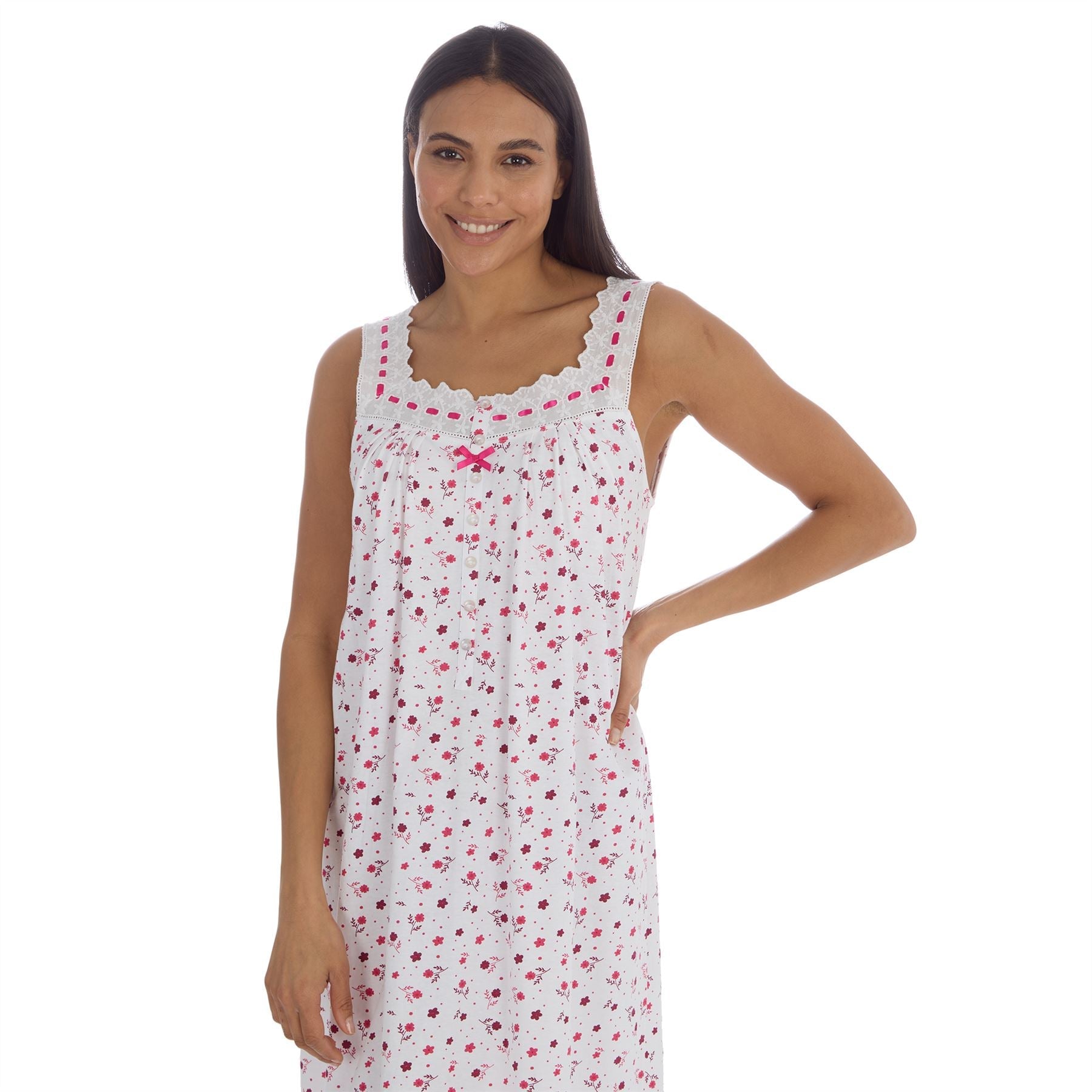 Cottonique Sleeveless Floral Nightdress - White/Berry Cottonique