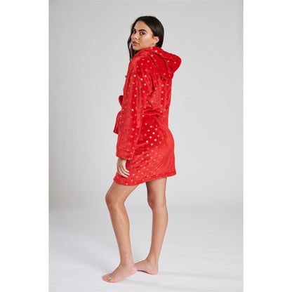 Loungeable Womens Star Fleece Hooded Robe - Red/Gold