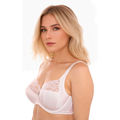 Gemm Full Cup Satin Floral Lace Bra - White