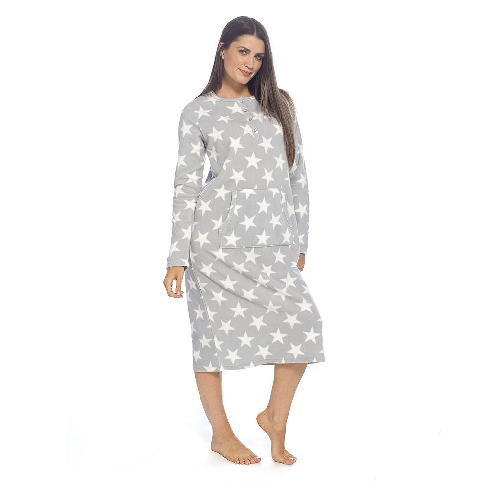 Wolf and Harte Womens Fleece Button Placket Nightdress - Grey Stars