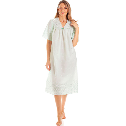 Lady Olga Womens V Neck Embroidery Anglaise Nightdress - Mint