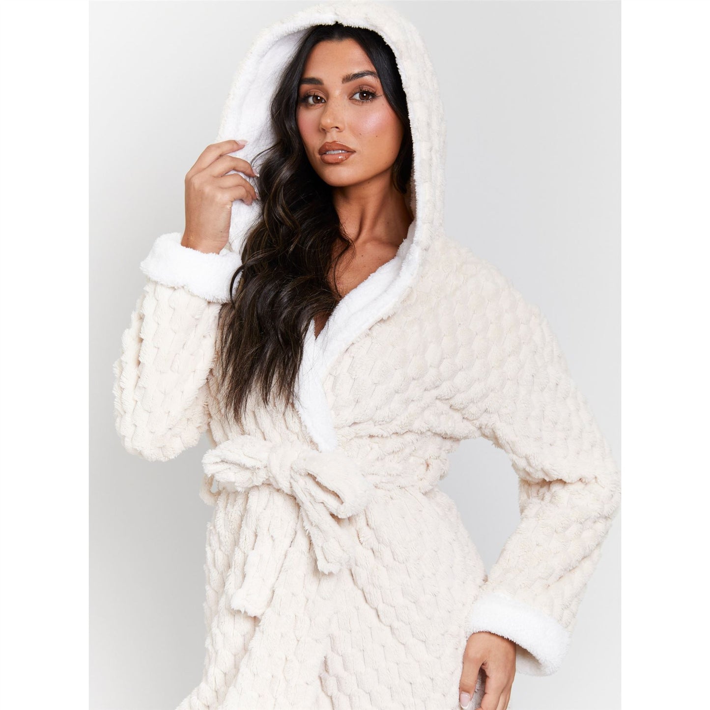 Loungeable Luxury Geometric Fleece Hooded Maxi Robe - Cream