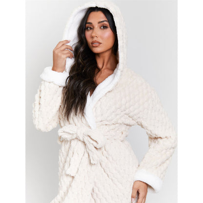 Loungeable Luxury Geometric Fleece Hooded Maxi Robe - Cream