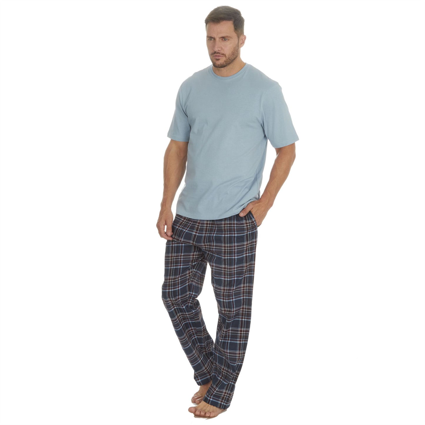 Cargo Bay Mens Jersey Top/Woven Check Bottoms - Duck Egg/Denim