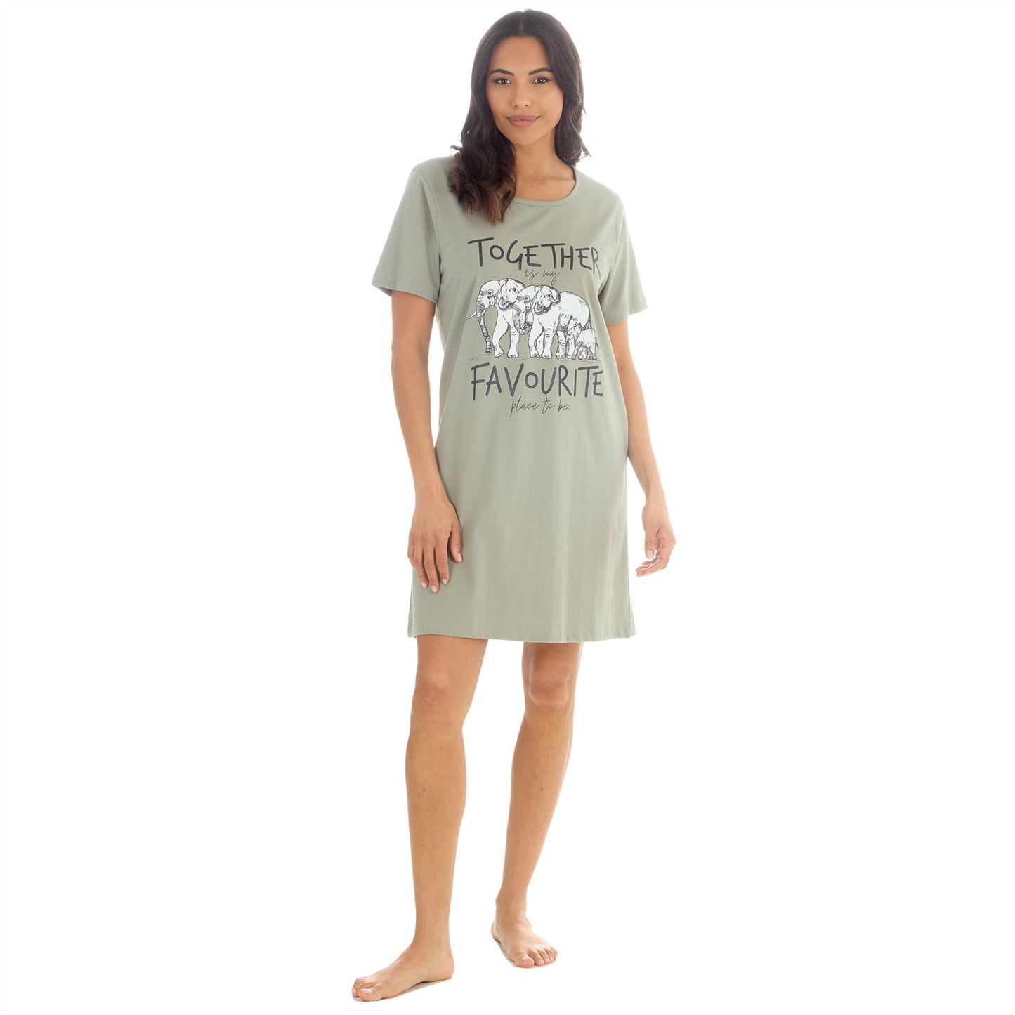 Forever Dreaming Elephants 'Together' Womens Nightdress - Khaki