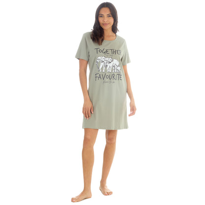 Forever Dreaming Elephants 'Together' Womens Nightdress - Khaki