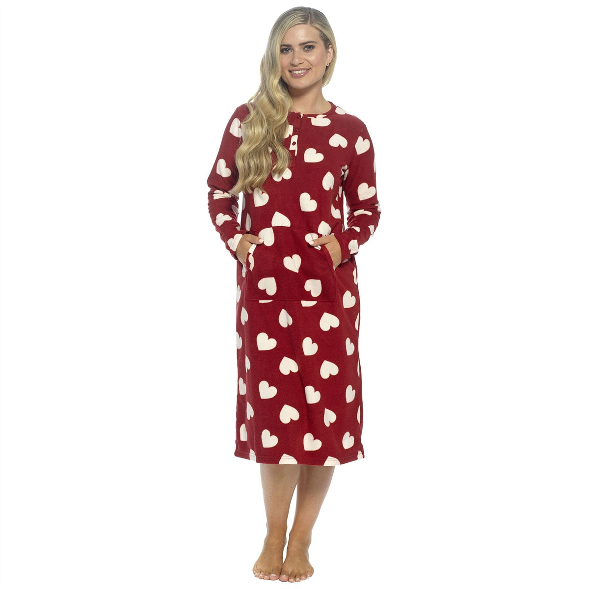 Wolf and Harte Womens Fleece Button Placket Nightdress - Wine Hearts Wolf and Harte