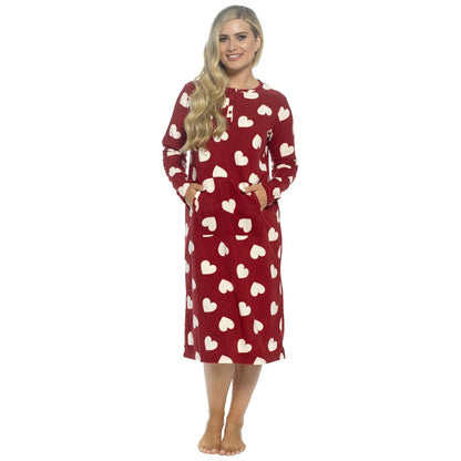 Wolf and Harte Womens Fleece Button Placket Nightdress - Wine Hearts Wolf and Harte