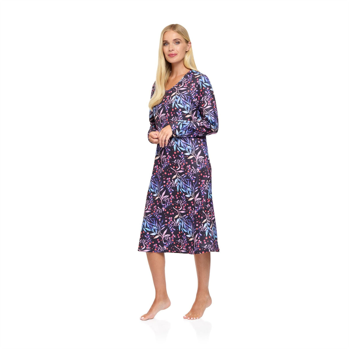 La Marquise Womens 'Berried Treasure' Long Sleeve Jersey Nightdress - Navy La Marquise