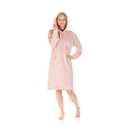 La Marquise Womens Velour Lounge Long Sleeve Hooded Nightdress - Pink