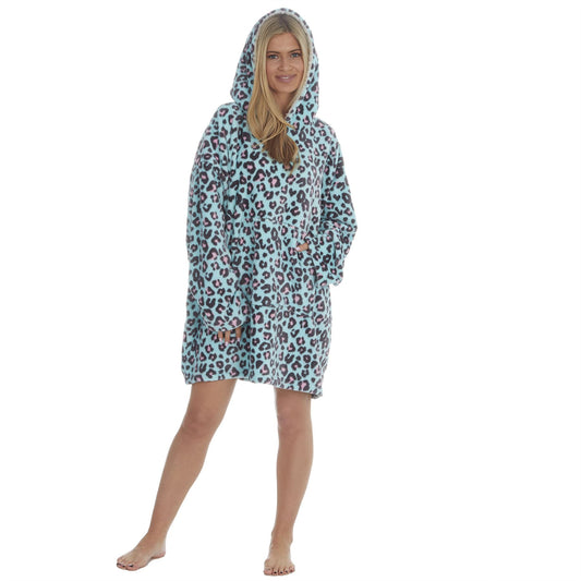 Forever Dreaming Womens Oversized Fleece Hoodie - Aqua Leopard