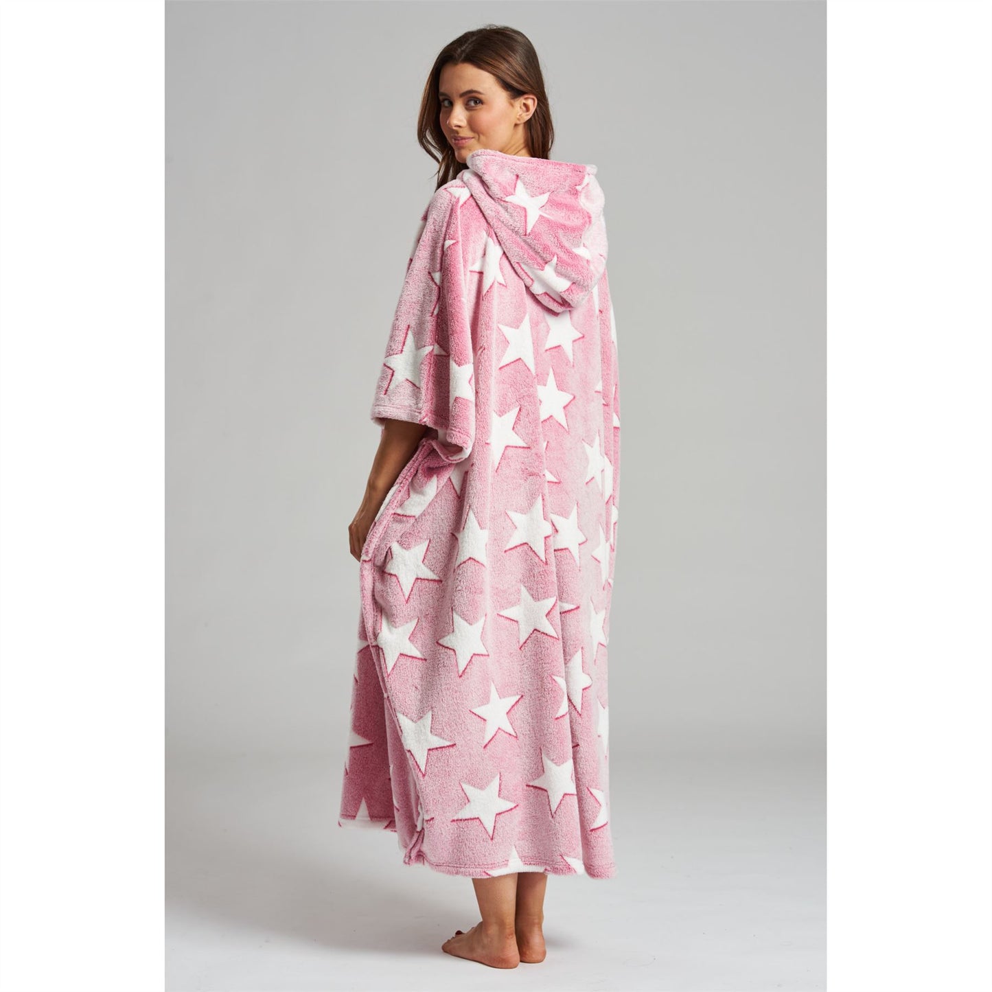 Loungeable Womens Star Long Luxury Fleece Hooded Poncho - Pink