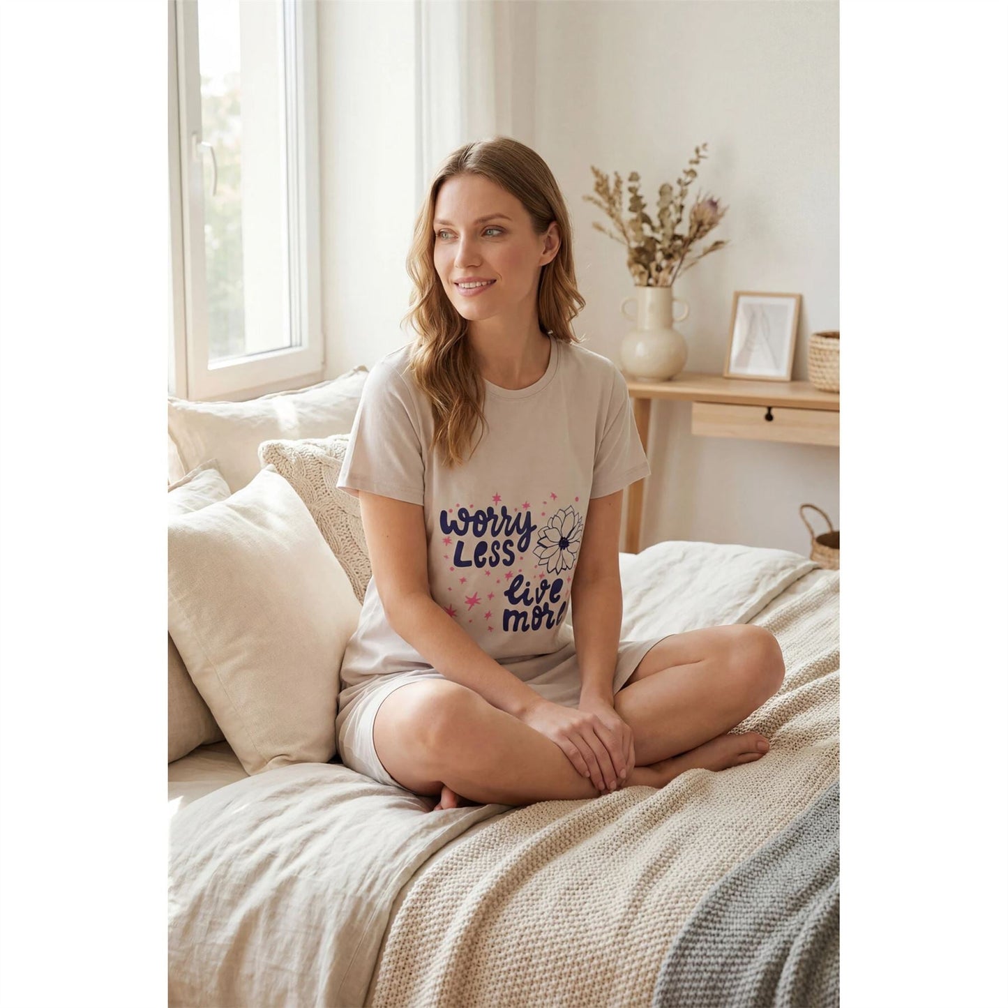 Gaubert Womens 'Worry Less Live More' Nightdress - Beige Gaubert