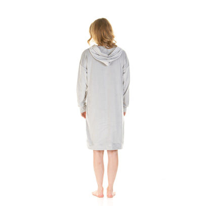 La Marquise Womens Velour Lounge Long Sleeve Hooded Nightdress - Grey
