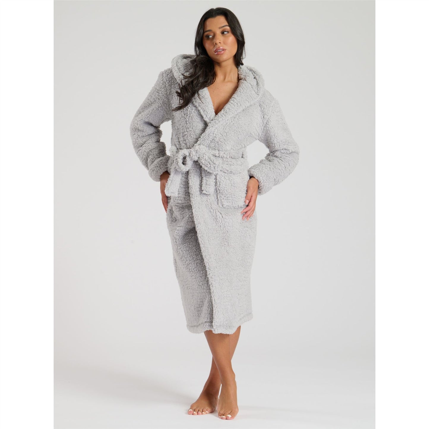 Loungeable Chunky Sherpa Hooded Midi Robe - Grey