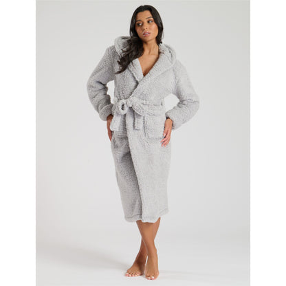 Loungeable Chunky Sherpa Hooded Midi Robe - Grey