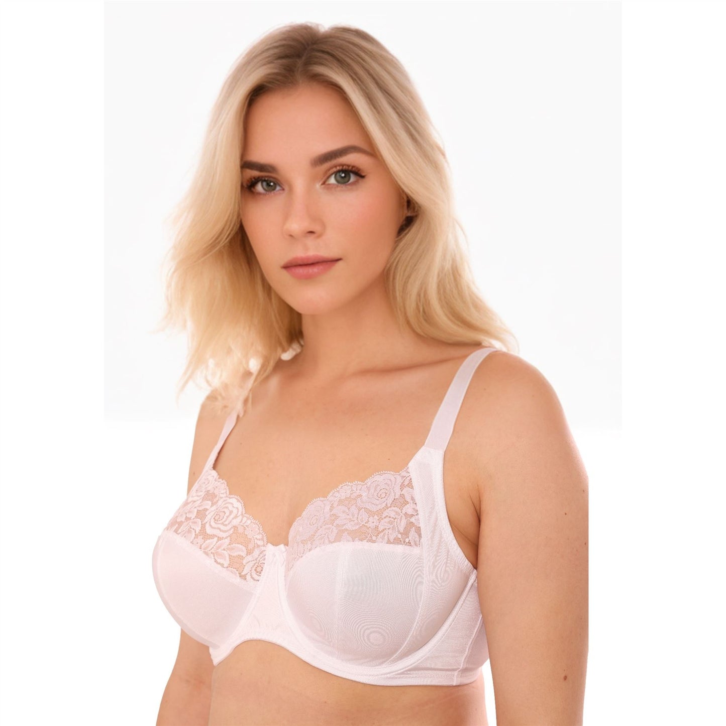 Gemm Full Cup Satin Floral Lace Bra - White
