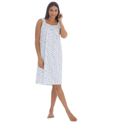 Cottonique Sleeveless Floral Nightdress - White/Blue Cottonique