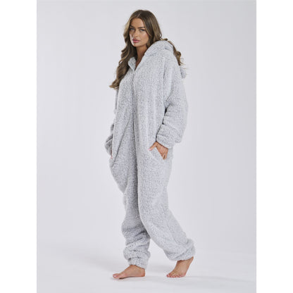 Loungeable Womens Sherpa Fleece Teddy Bear Onesie - Silver