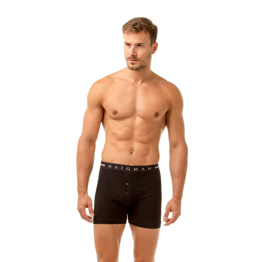 Haigman Mens Button Front Boxer Shorts (2 Pack) - Black