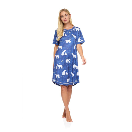 La Marquise Womens Jersey Knit Polar Bear Short Sleeve Nightdress - Navy