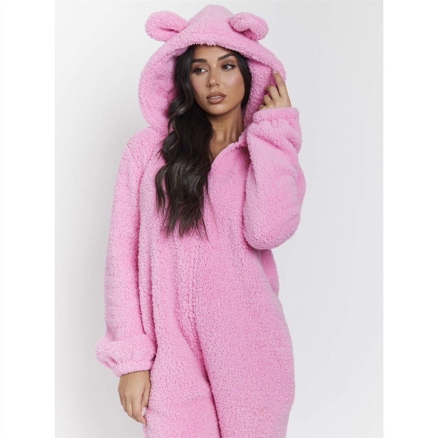 Loungeable Womens Sherpa Fleece Teddy Bear Onesie - Hot Pink