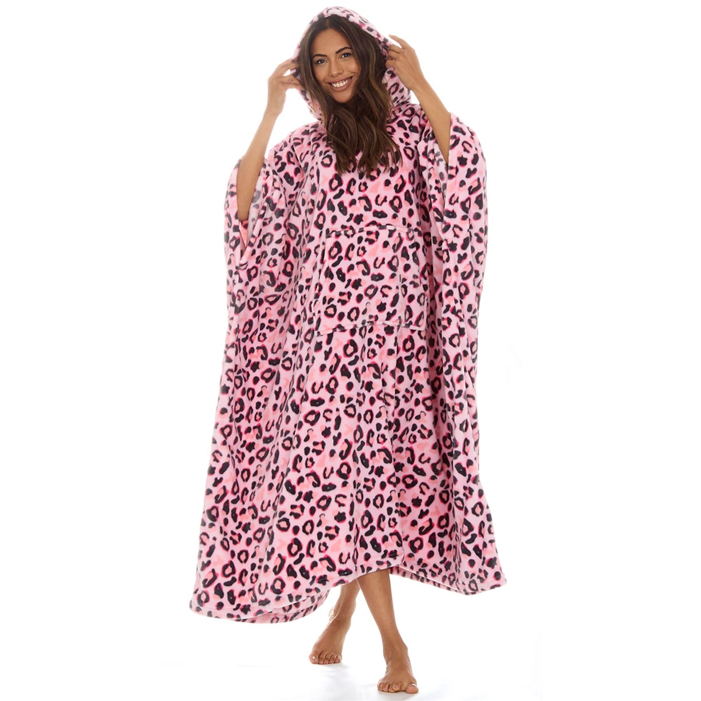 Huggable Hoodie Womens Fleece Oversized Poncho - Pink Leopard