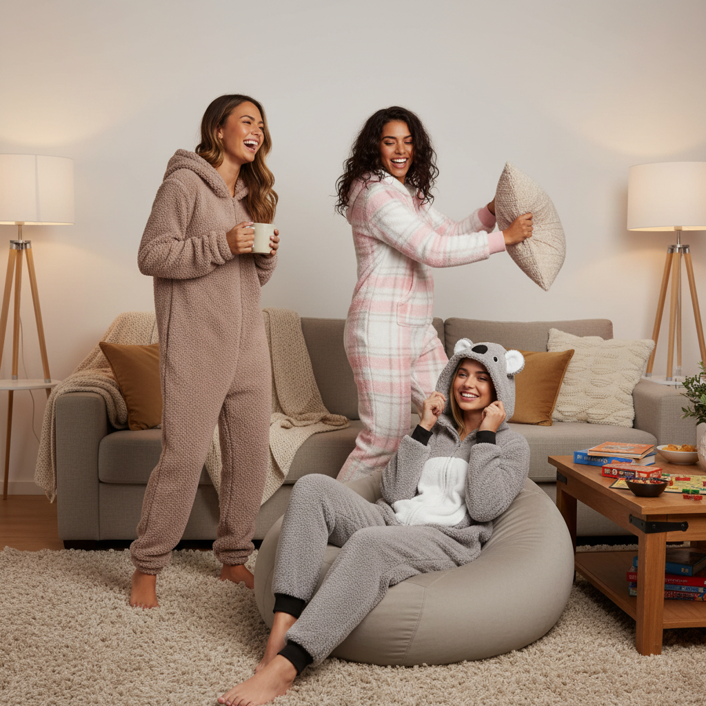 Three Women in Teddy Bear, Pink Check, and Koala Onesies